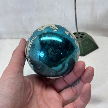 Blue Stenciled Glass Ornament Shiny Brite Vintage #2065