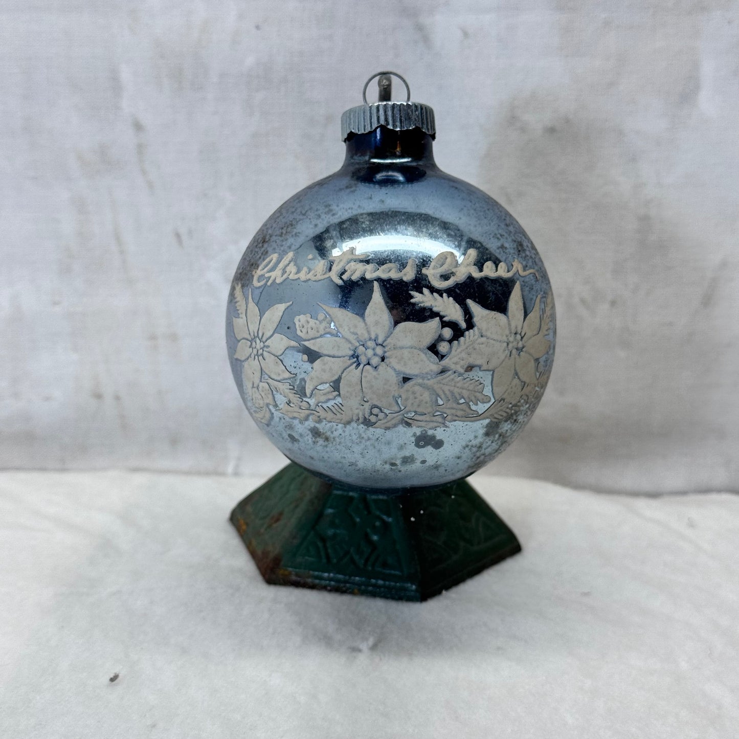 Christmas Cheer Blue Shiny Brite Glass Ornament Vintage #2066