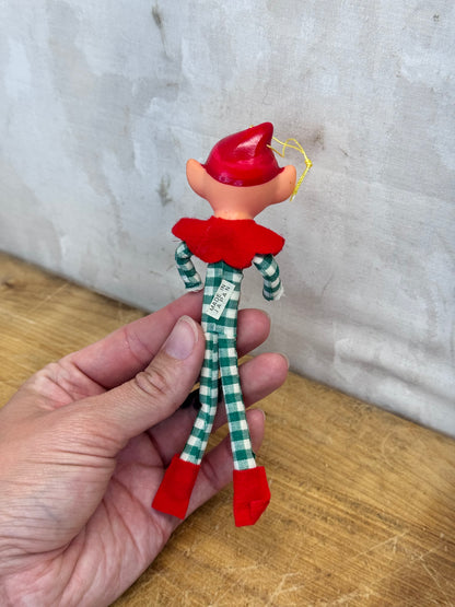 Vintage Christmas Knee Hugger Elf Pixie Green Plaid Japan Ornament #1632