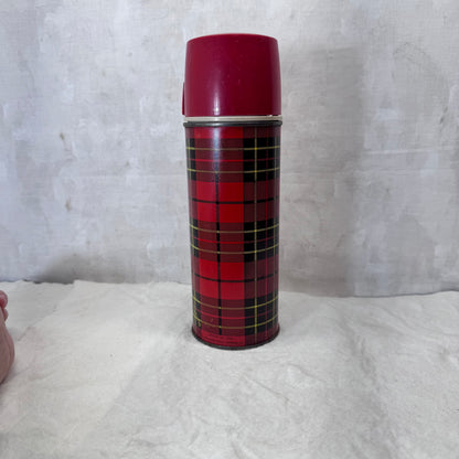 Red Black Plaid Christmas Thermos Metal Vintage #2053