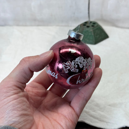 Pink Stenciled Merry Christmas Glass Ornament Vintage #2068