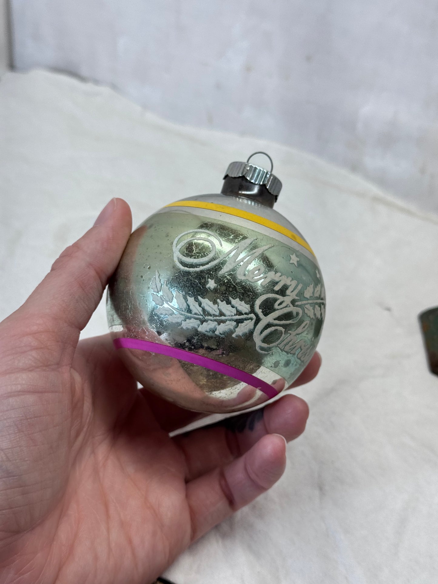 Shiny Brite Merry Christmas Stencil Stripe Glass Ornament Vintage #2153