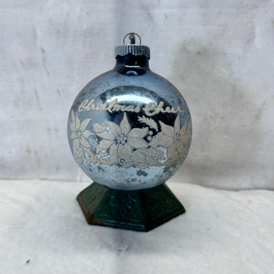 Christmas Cheer Blue Shiny Brite Glass Ornament Vintage #2066