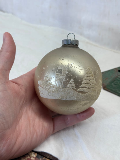 Shiny Brite Glass Deer Trees Stenciled Glass Ornament #2154