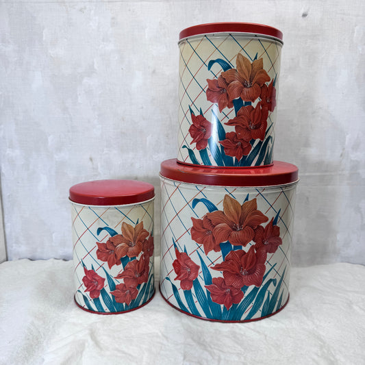 Red Green Floral Kitchen Canister Christmas Tin Set Vintage #2195