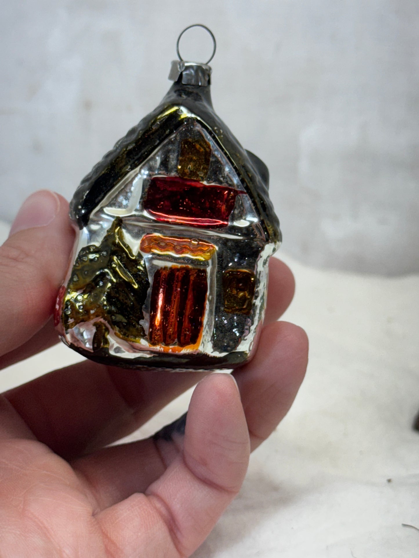 Vintage Christmas Painted House Glass Ornament #1798