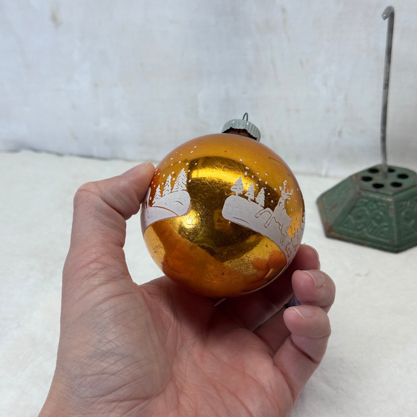 Stenciled Yellow/Gold Shiny Brite Glass Ornament Vintage #2066