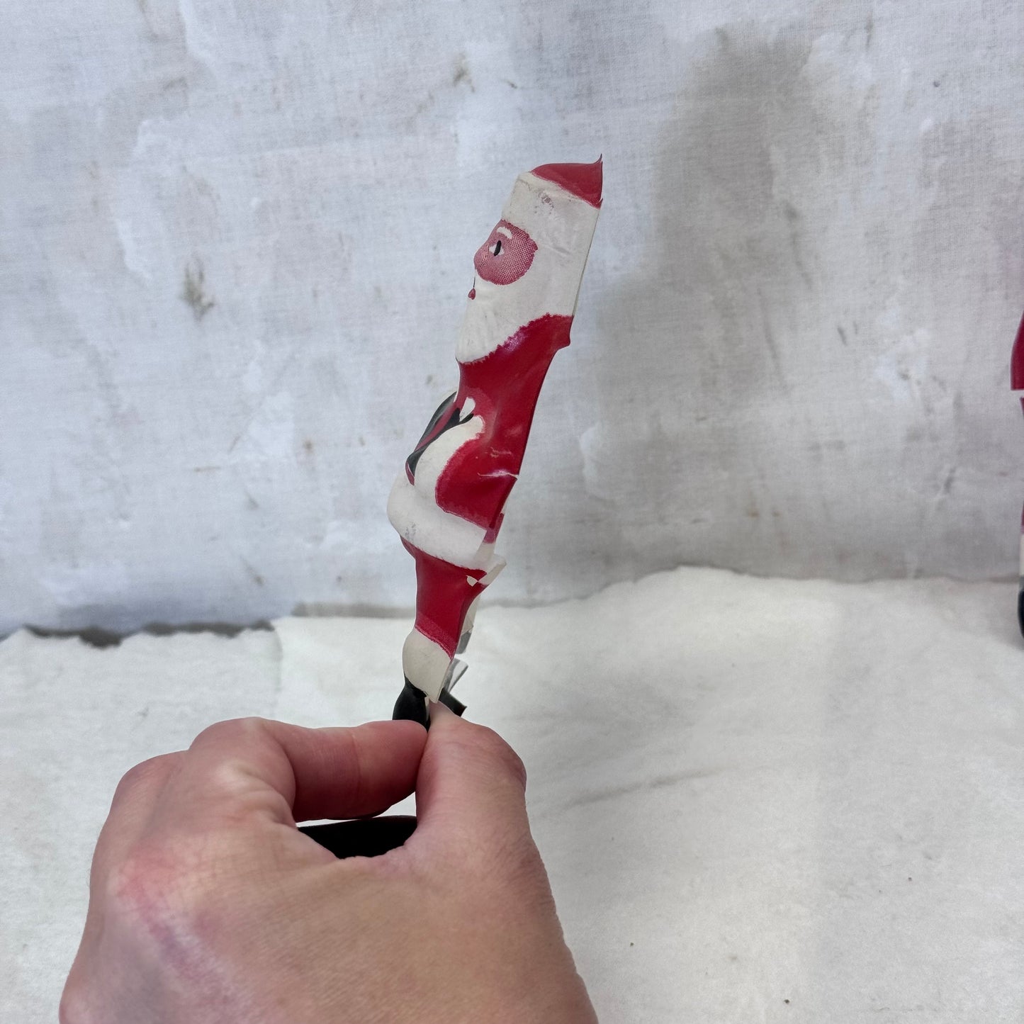 3 Thin Plastic Santa Cut-Out Ornaments Flawed Vintage #2096