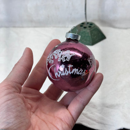 Pink Stenciled Merry Christmas Glass Ornament Vintage #2068