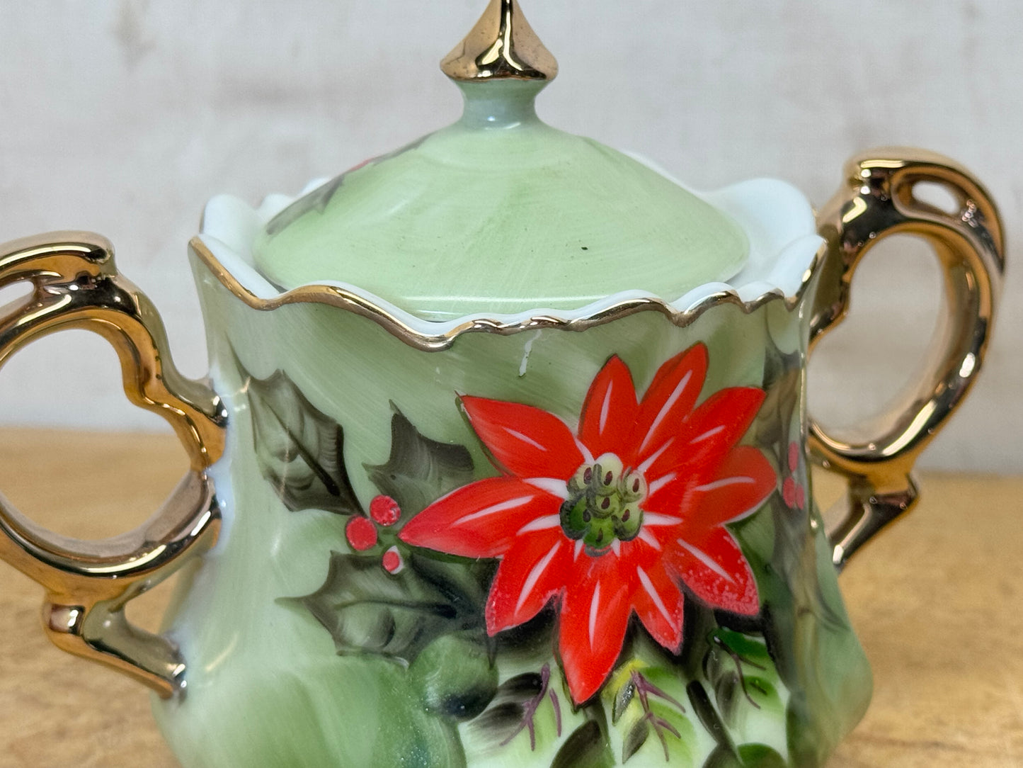 Lefton China Poinsettia Sugar Dish Vintage #1732