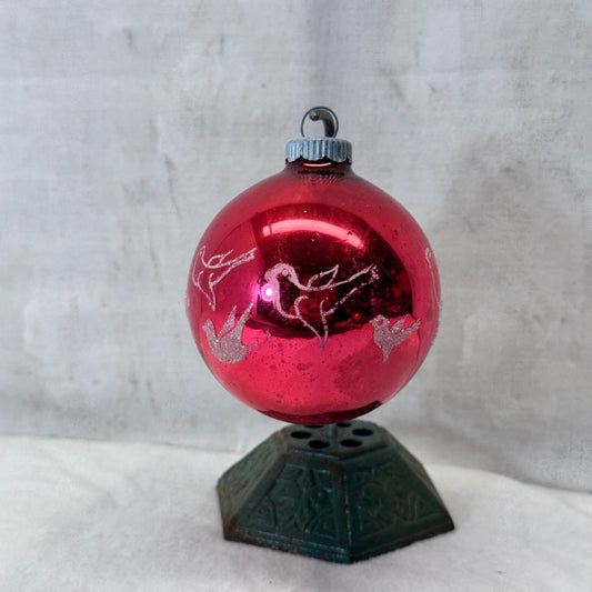 Red Stenciled Doves Glass Shiny Brite Ornament Vintage #2064