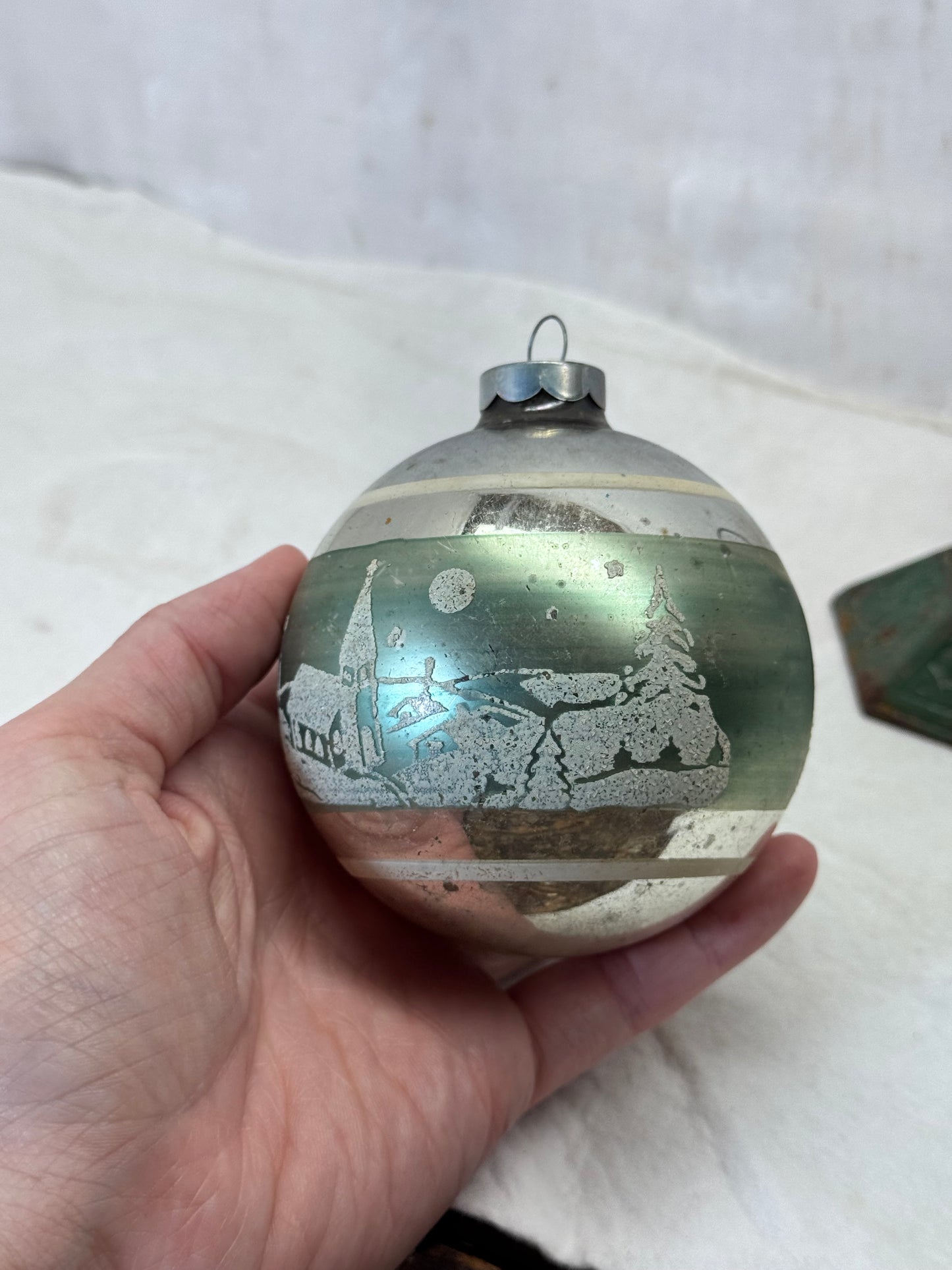 Vintage Glass Stenciled Scenic Ornament #2155