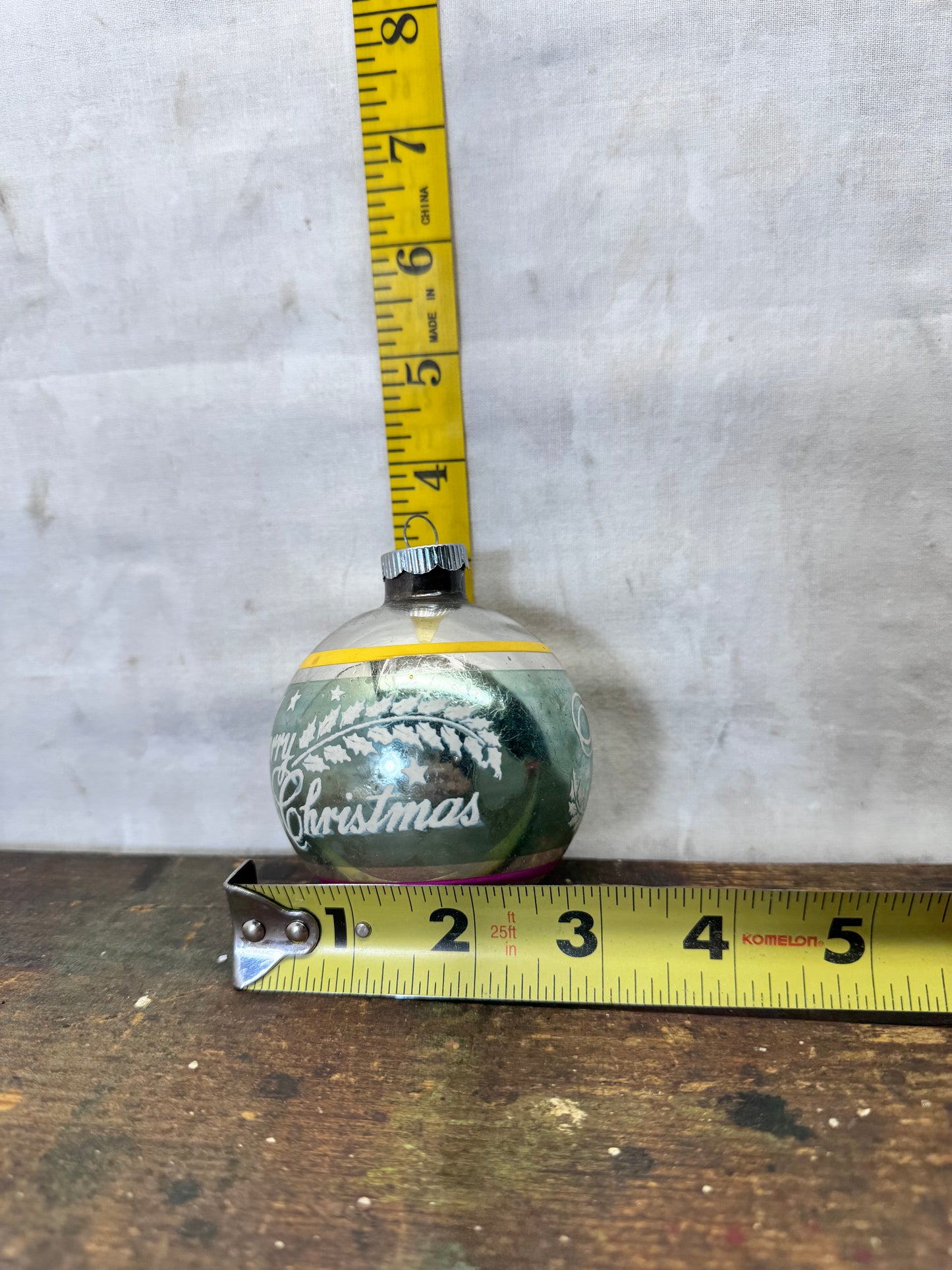 Shiny Brite Merry Christmas Stencil Stripe Glass Ornament Vintage #2153