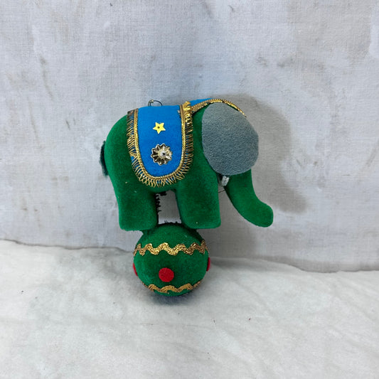 Flocked Green Circus Elephant Ornament  Vintage Japan #2146