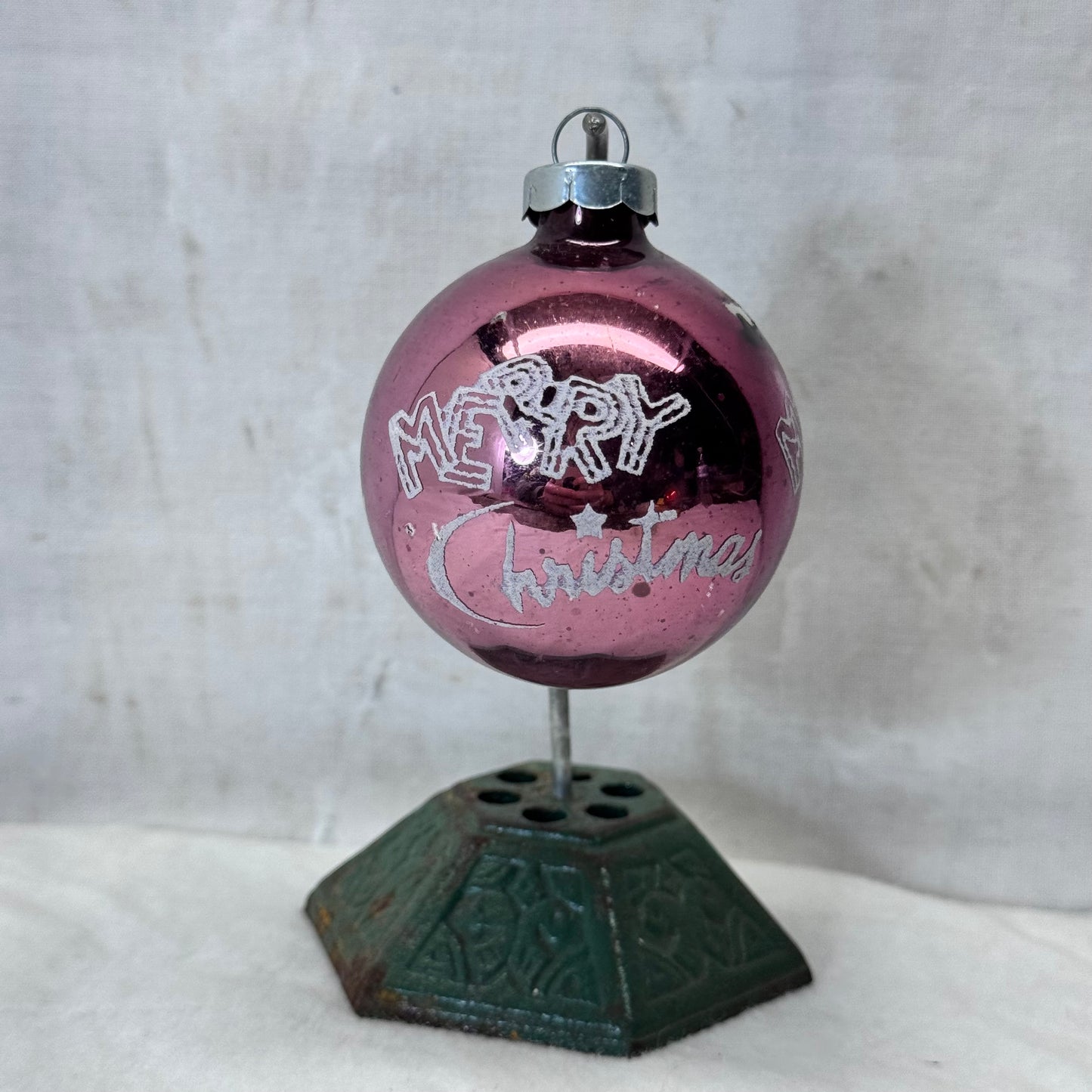 Pink Stenciled Merry Christmas Glass Ornament Vintage #2068