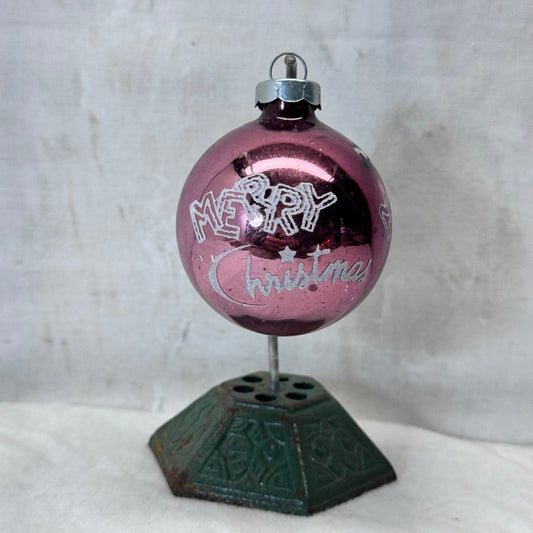Pink Stenciled Merry Christmas Glass Ornament Vintage #2068