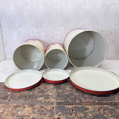 Red Green Floral Kitchen Canister Christmas Tin Set Vintage #2195