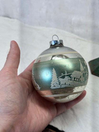 Vintage Glass Stenciled Scenic Ornament #2155