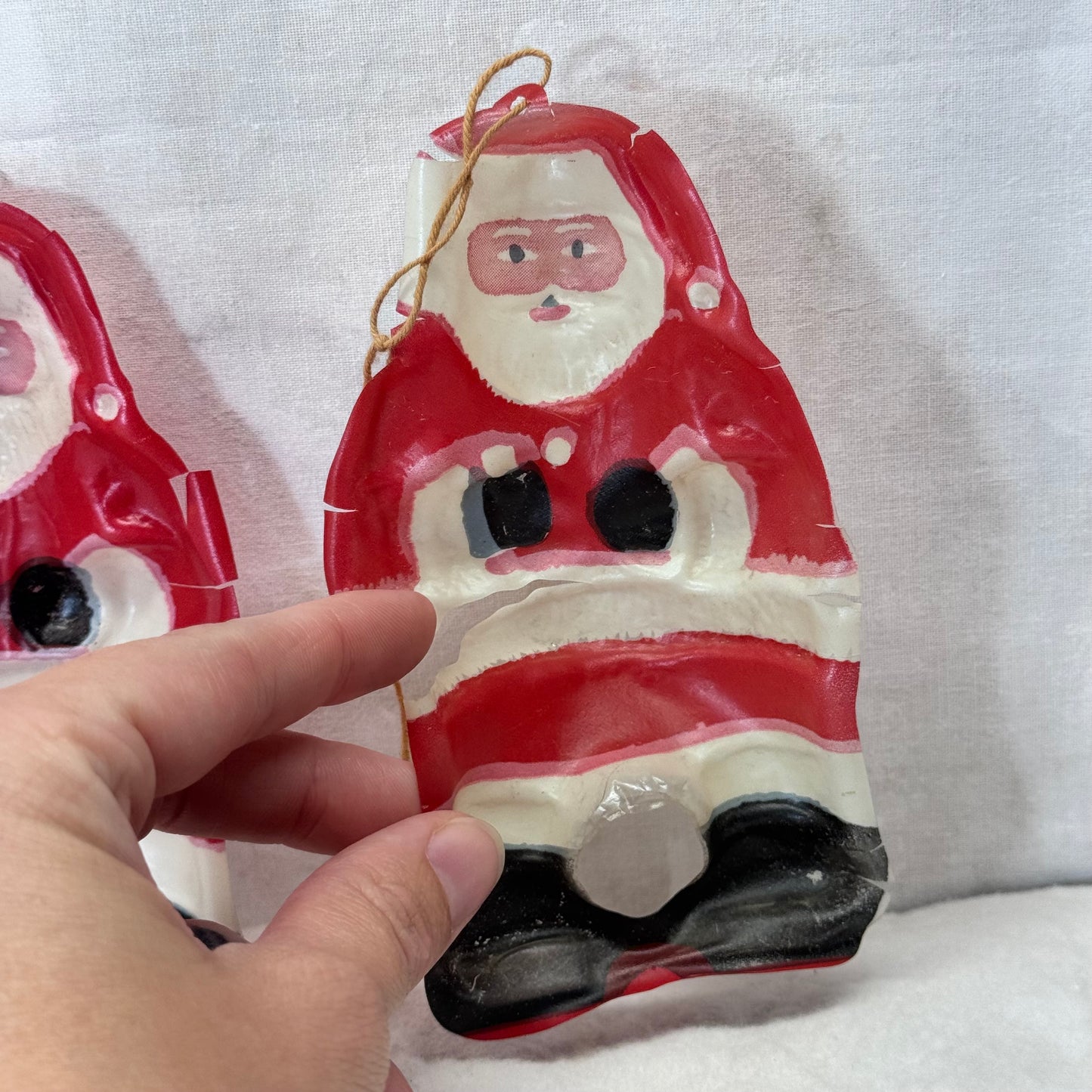 3 Thin Plastic Santa Cut-Out Ornaments Flawed Vintage #2096