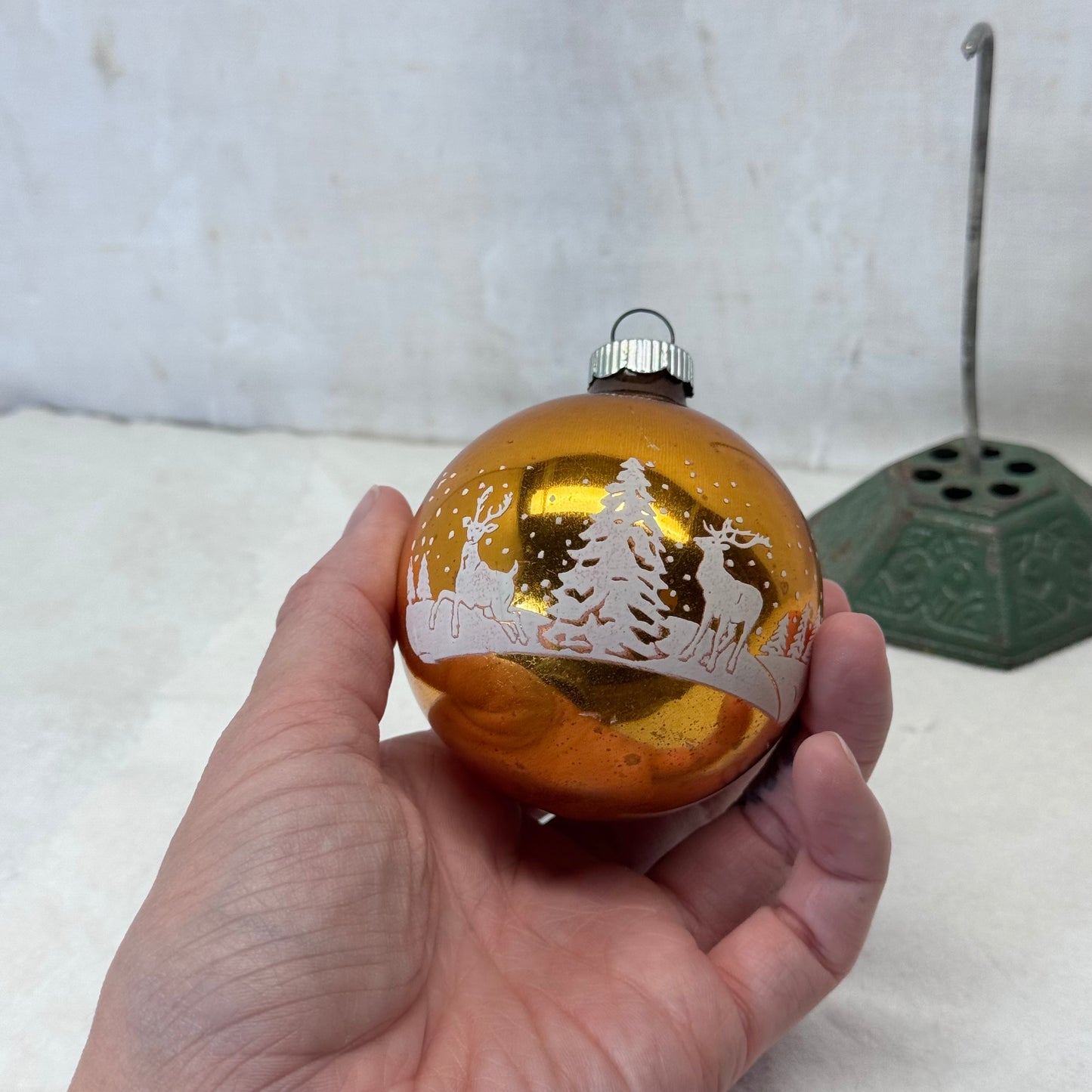 Stenciled Yellow/Gold Shiny Brite Glass Ornament Vintage #2066
