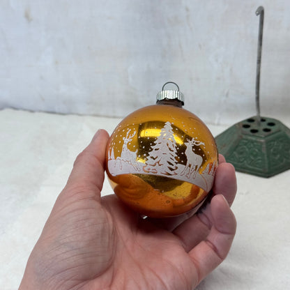 Stenciled Yellow/Gold Shiny Brite Glass Ornament Vintage #2066