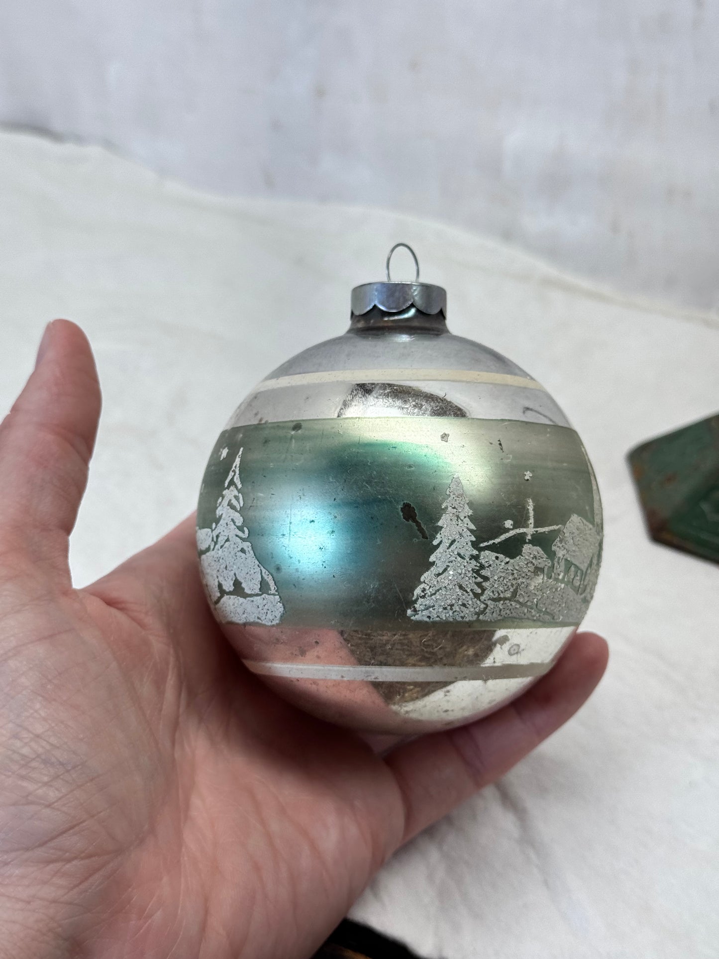 Vintage Glass Stenciled Scenic Ornament #2155