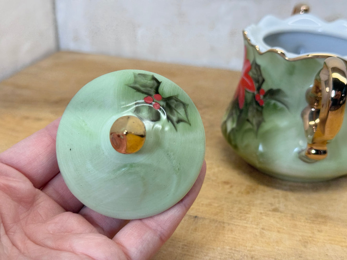 Lefton China Poinsettia Sugar Dish Vintage #1732