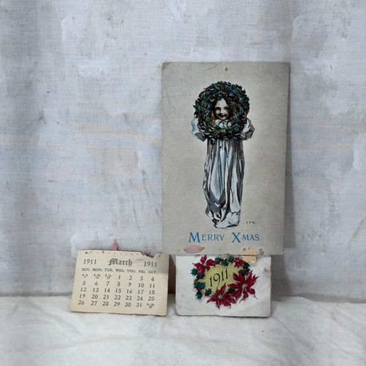 1911 Christmas Post Card with Calendar Flawed Antique #2095