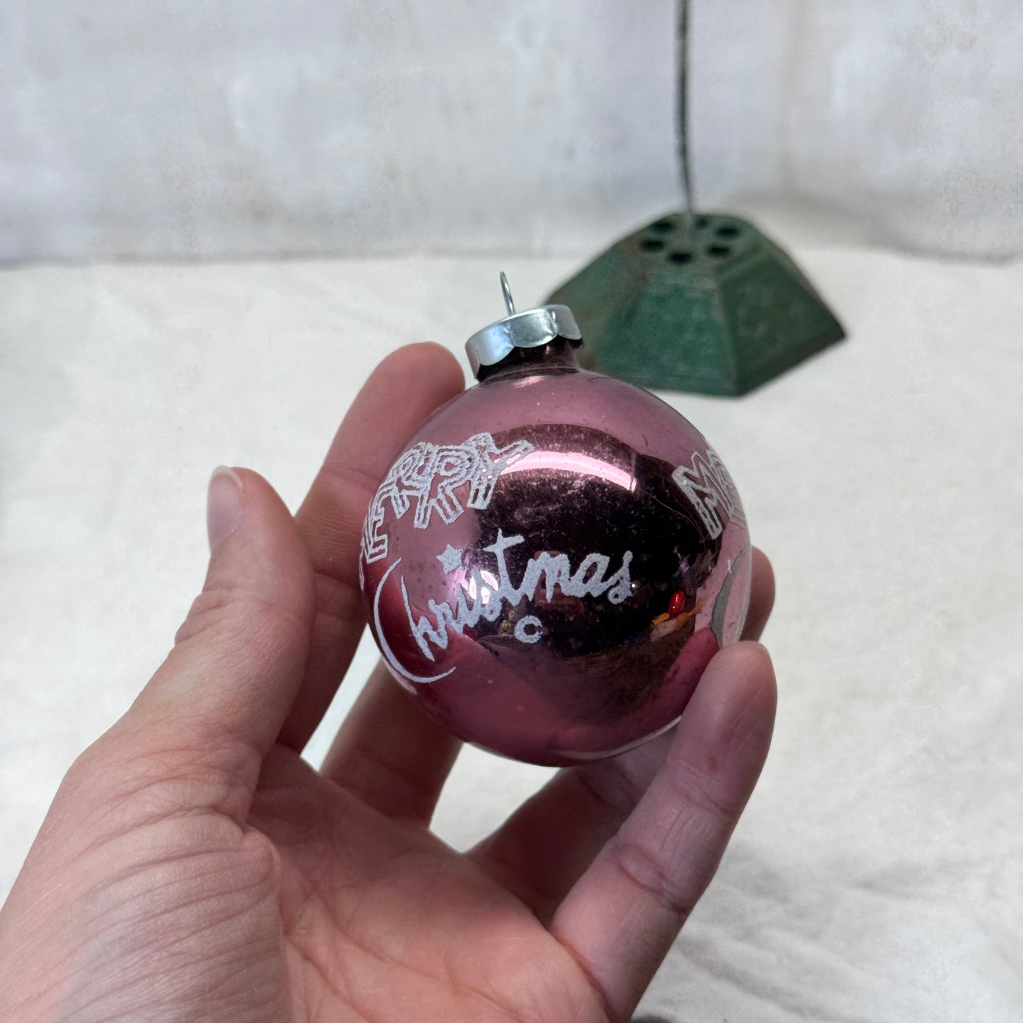 Pink Stenciled Merry Christmas Glass Ornament Vintage #2068