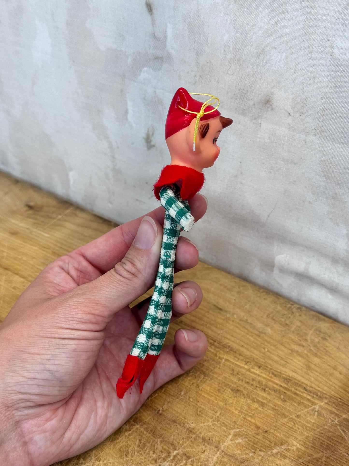 Vintage Christmas Knee Hugger Elf Pixie Green Plaid Japan Ornament #1632