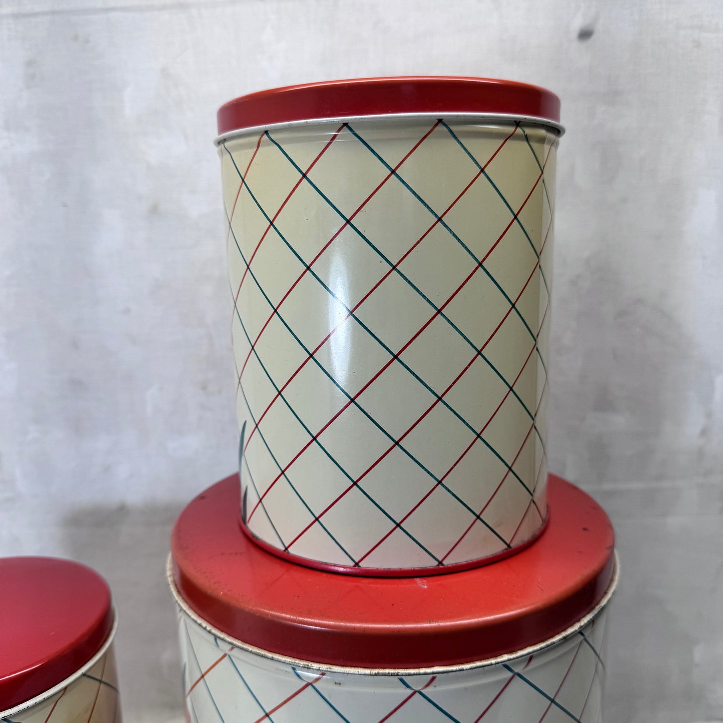 Red Green Floral Kitchen Canister Christmas Tin Set Vintage #2195