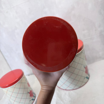 Red Green Floral Kitchen Canister Christmas Tin Set Vintage #2195