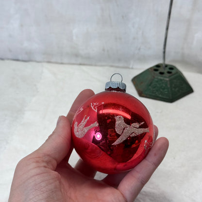 Red Stenciled Doves Glass Shiny Brite Ornament Vintage #2064