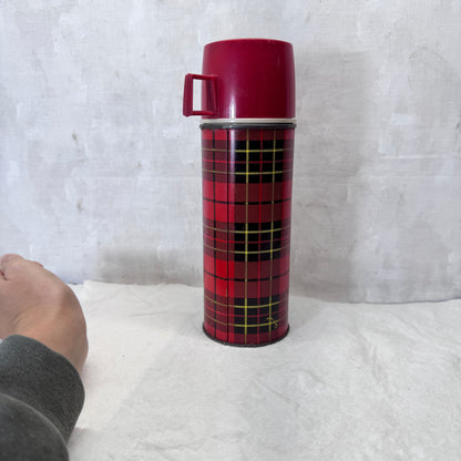 Red Black Plaid Christmas Thermos Metal Vintage #2053
