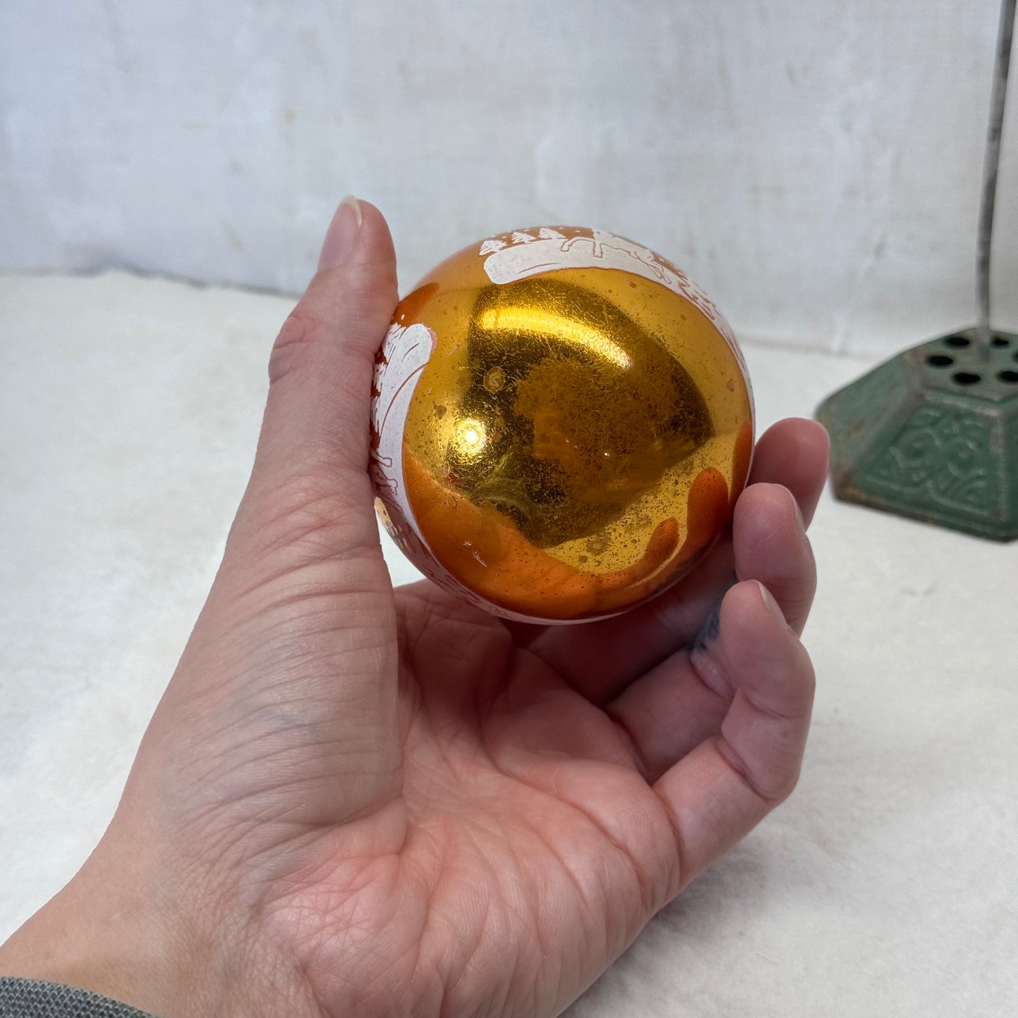 Stenciled Yellow/Gold Shiny Brite Glass Ornament Vintage #2066