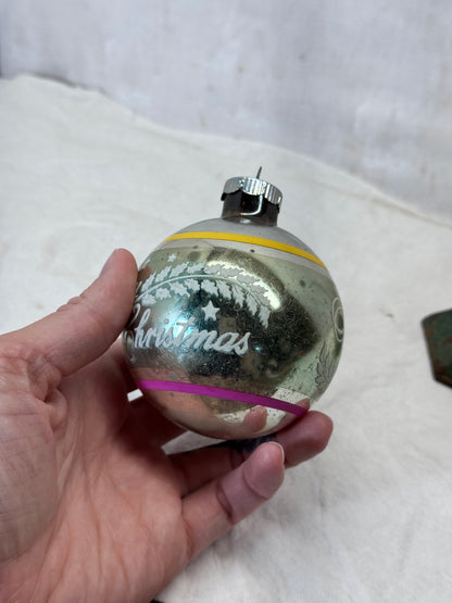 Shiny Brite Merry Christmas Stencil Stripe Glass Ornament Vintage #2153