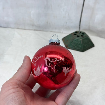 Red Stenciled Doves Glass Shiny Brite Ornament Vintage #2064