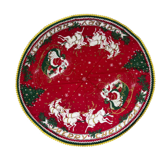 Christmas Tablecloth Round Santa Sleigh Vintage #2191