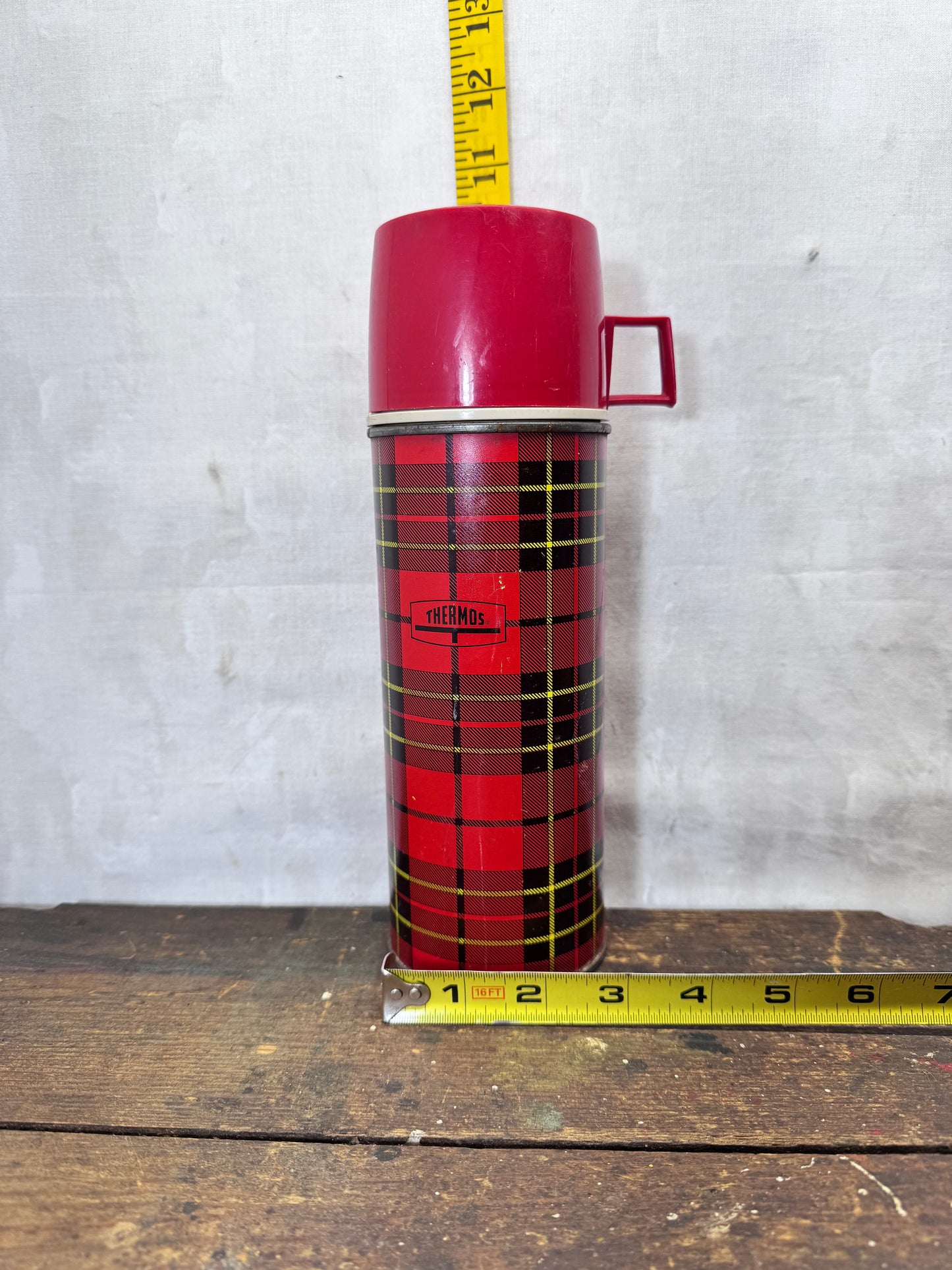 Red Black Plaid Christmas Thermos Metal Vintage #2053
