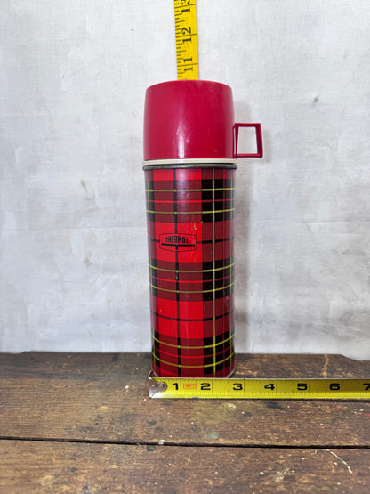 Red Black Plaid Christmas Thermos Metal Vintage #2053
