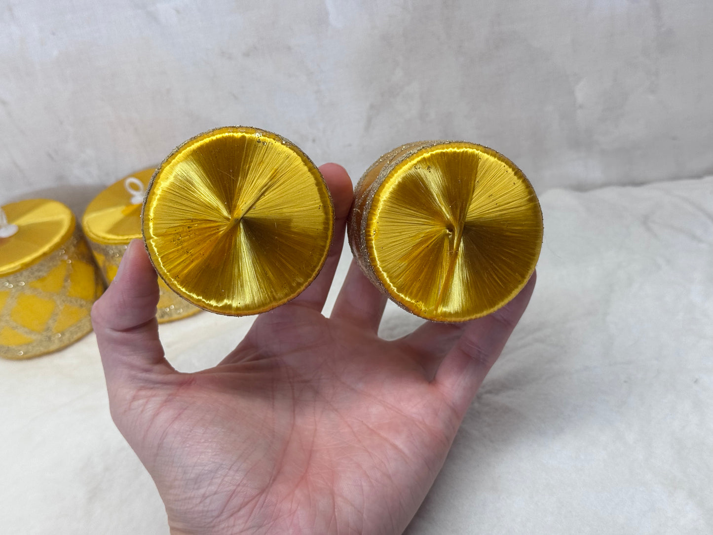 Vintage Christmas Ornaments Gold Drums Satin #1926