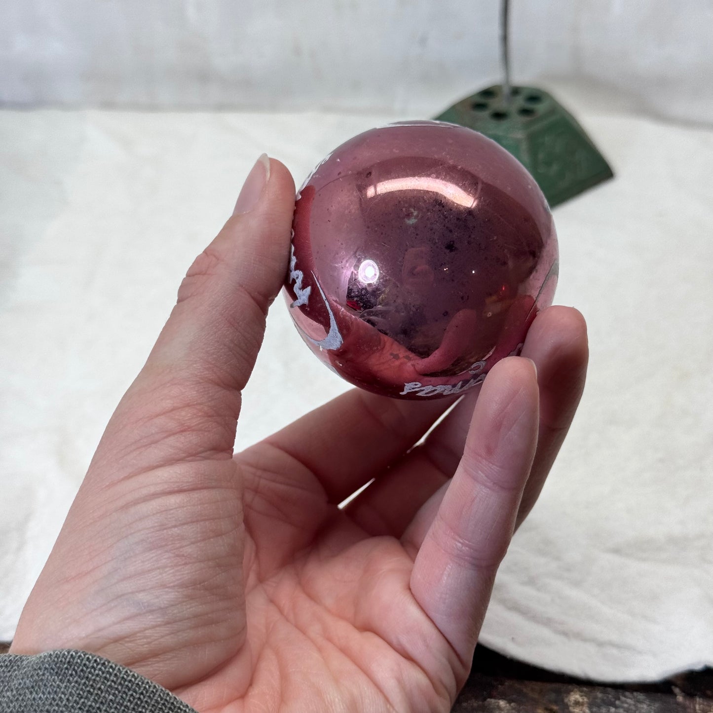 Pink Stenciled Merry Christmas Glass Ornament Vintage #2068