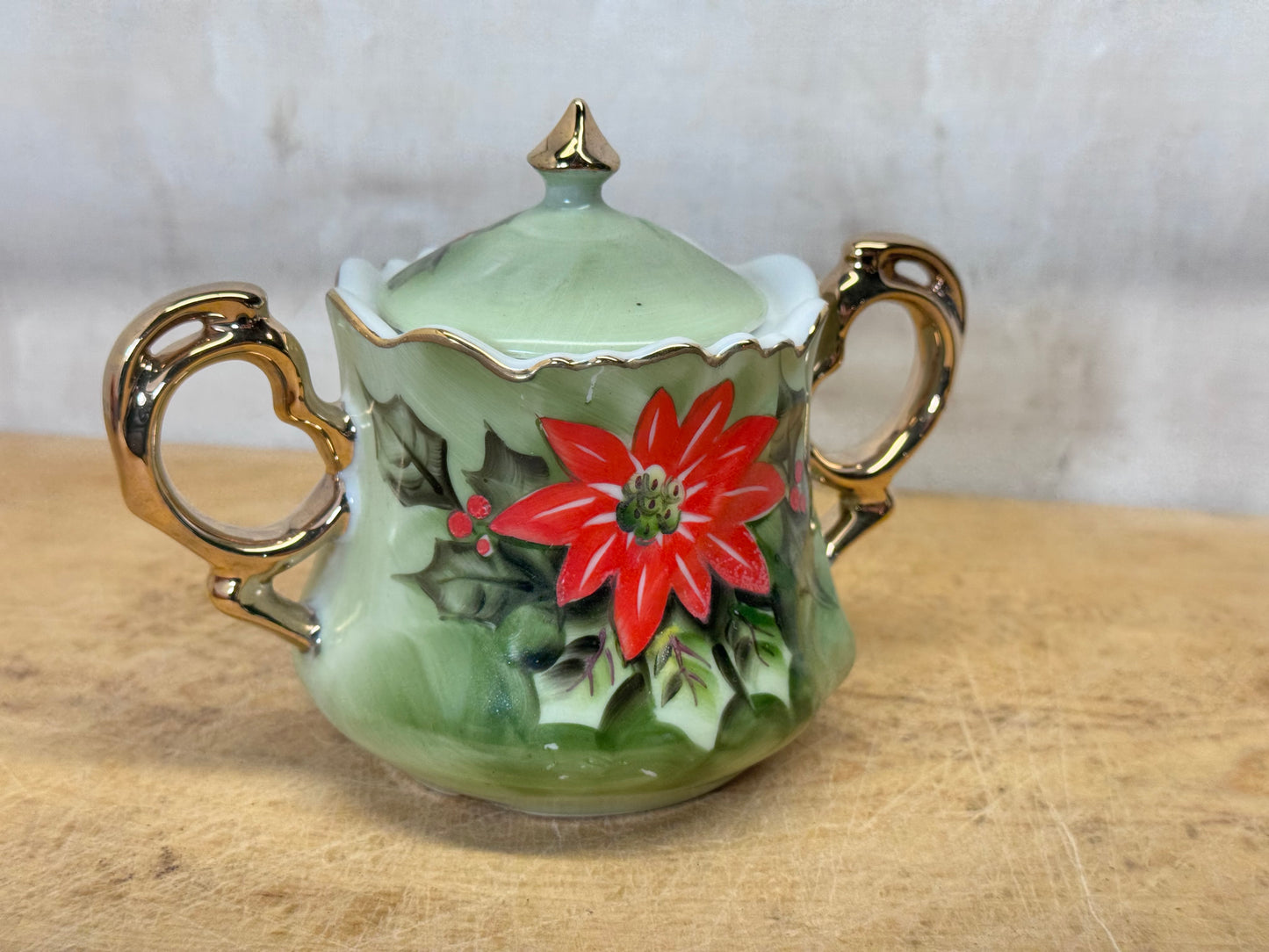 Lefton China Poinsettia Sugar Dish Vintage #1732