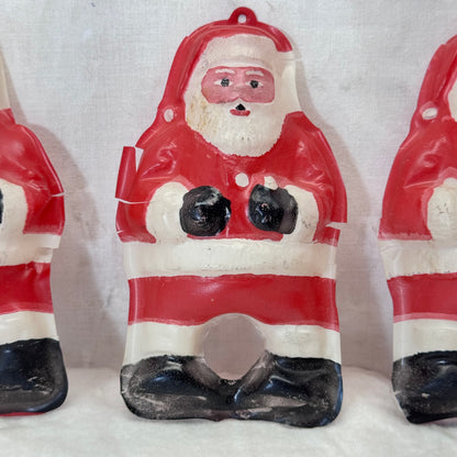 3 Thin Plastic Santa Cut-Out Ornaments Flawed Vintage #2096