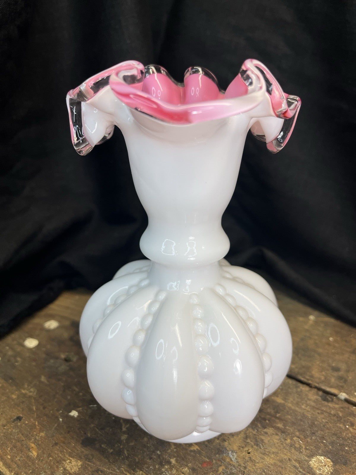  Vintage Collectible Pink & White Ruffled Fenton Pitcher