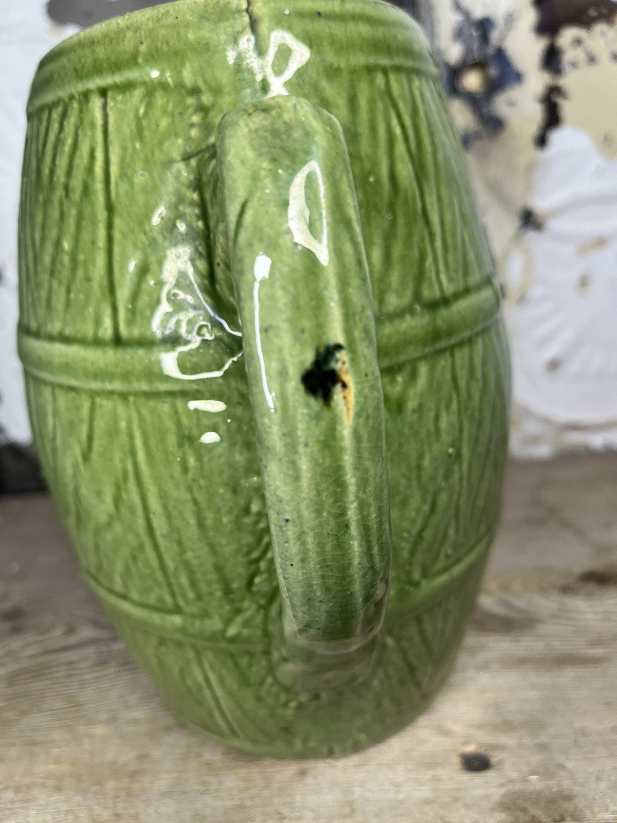 Antique Vintage Greenware Collectible Pitcher With Manufacturing Flaws Home Deco