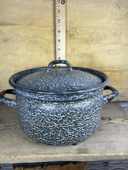 Antique Vintage Grey Enamelware Pan W/Cover Collectible Home Decor