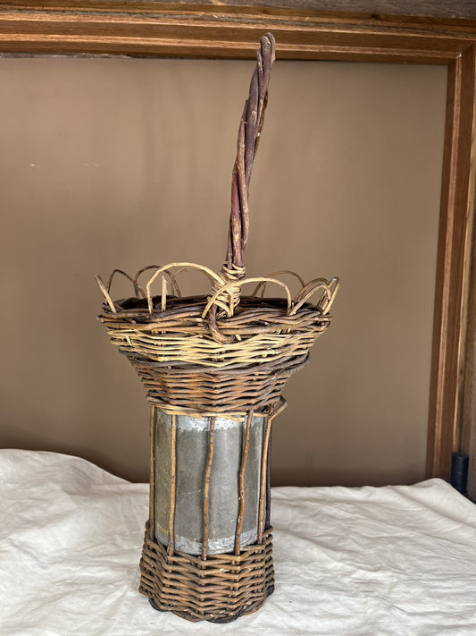 Primitive Antique Twig Basket With Metal Insert Home Decor