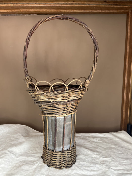 Primitive Antique Twig Basket With Metal Insert Home Decor