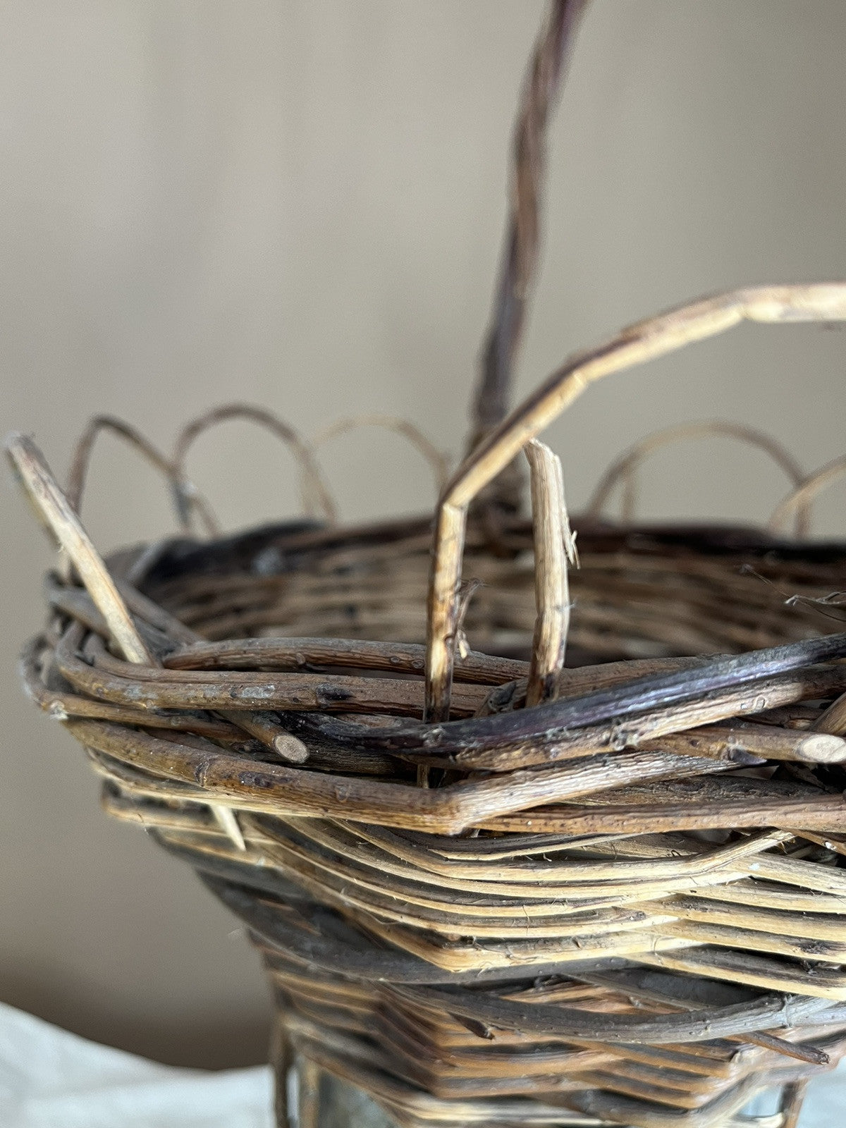 Primitive Antique Twig Basket With Metal Insert Home Decor